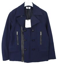 ZAPA Jacket Mens UK 38 Double Breasted Zip Rigid Navy Leather Look Trim