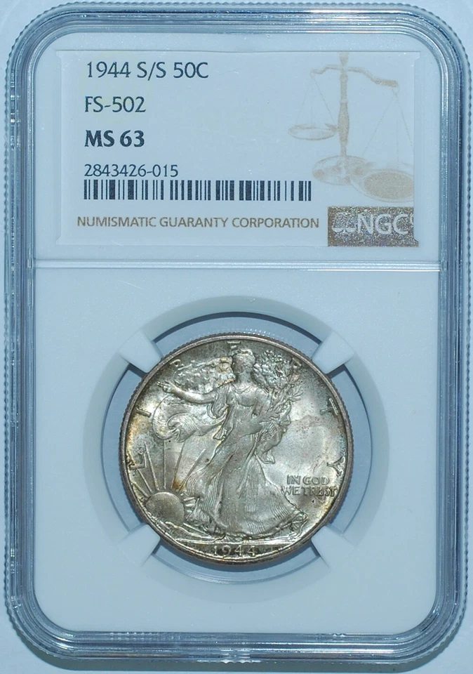 Meio dólar 1944 S/S NGC MS63 FS-502 RPM repunched Mint Mark Walking Liberty - Imagem 1 de 3