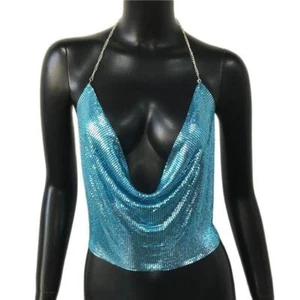 Metal Sequined Camis Tank - Glitter Backless Cropped Top Women Beach Party Tops - Picture 1 of 35