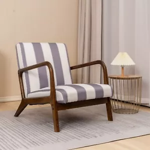 Modern Accent Chair Single Wood Frame Living Room Armchair Stripped Gray White - Picture 1 of 9
