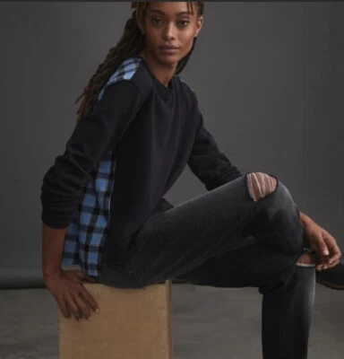 Anthropologie NWT  XS Pilcro Contrast Blue/Black Flannel Sweatshirt $98 Winter - Image 1 of 4