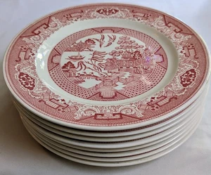Pristine! 8 Willow Ware by Royal China USA Pink/Red 10" Dinner Plates ~ Glossy! - Picture 1 of 3