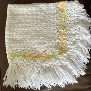 Handmade Crochet Baby Blanket Afghan Pastel White Fringe 34”x36” Swaddle - Picture 1 of 7