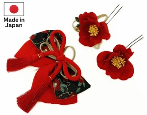Japanischer Haarschmuck Set Maiko Kanzashi Tsubaki Kamelie Chirimen Quaste K250 - Bild 1 von 5