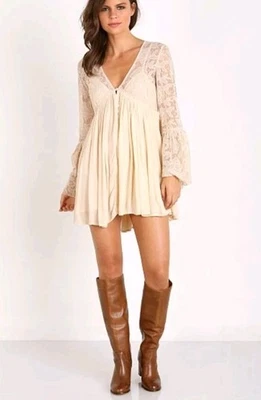 Free People With Love Size L Beige Tunic Dress With Sheer Lace Top #CC - Image 1 of 4