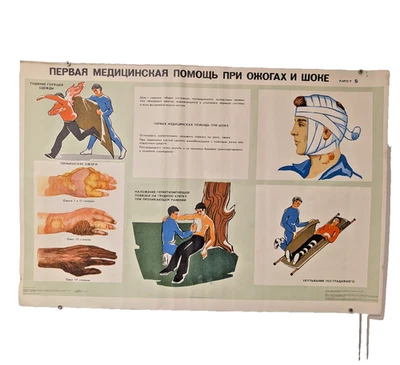 Instrucciones de primeros auxilios 1986 para quemaduras y golpes - gran póster soviético original Foto 1 de 4