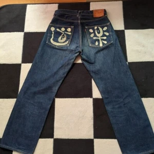 EVISU Doraku White Paint Straight Denim Pants Blue Size 30×35 Used from Japan - Picture 1 of 10