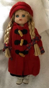 Poupee Porcelain Doll Blonde Braids, Red Hooded Coat Complete Outfit Estate - Picture 1 of 4