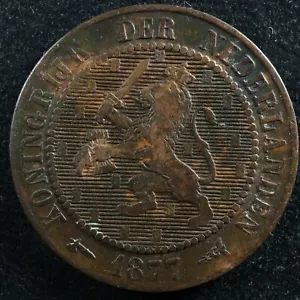 2 1/2 cent 1877 Netherlands KM#108.1 Pays-Bas Nederlands Bronze c ¢ - Picture 1 of 2