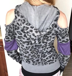 Animal Print Hoodie XS Purple Gray Patchwork Shirt Cheetah Sweatshirt Cut Out S - Picture 1 of 8