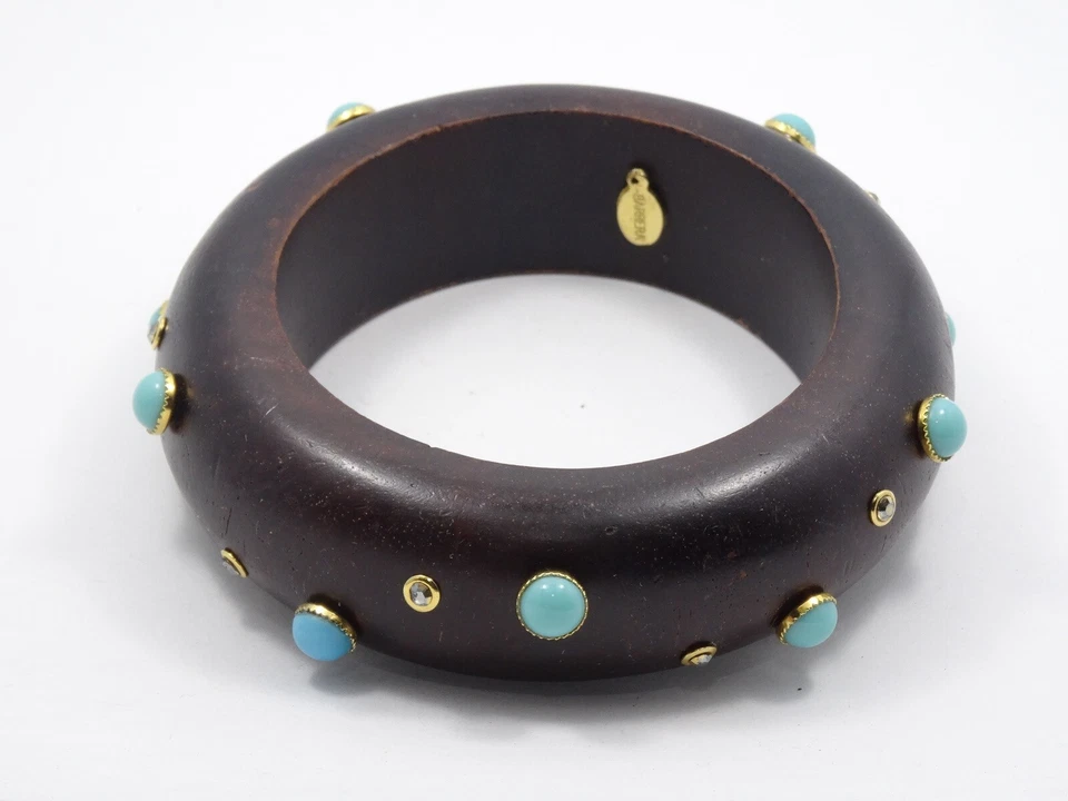 Signed BARRERA 25 mm RHINESTONE & FAUX TURQUIOSE WOODEN BANGLE BRACELET Foto 1 de 4