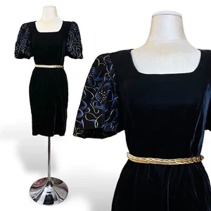 Black Velvet 1980s Vintage Dress Blue & Gold Floral Puffed Sleeves Leslie Fay - Picture 1 of 8