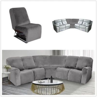 Sofá reclinable de 5 plazas fundas elásticas de terciopelo funda seccional curva en forma de L Foto 1 de 4