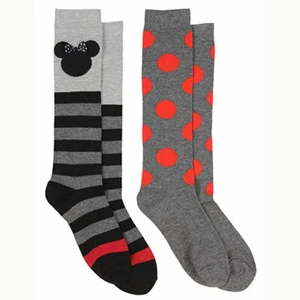 2 PAIR Disney Minnie Women Knee High Socks Black Gray Red Striped Polka Dot 9-11 - Picture 1 of 10
