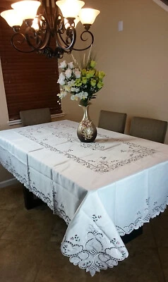 88" Square Ivory Polyester Satin Fabric Rosebud Floral Embroidery Tablecloth - Image 1 of 4