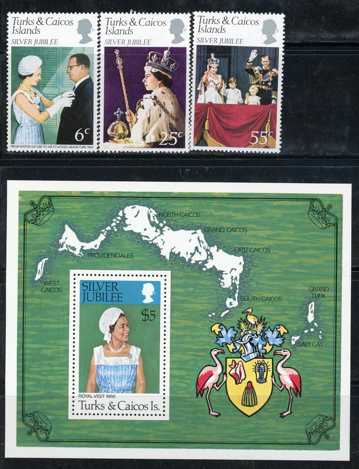 TURKS & CAICOS ISLANDS 321-24 SG472-74,MS475 MNH 1976 QEII Reign conjunto de 3+MS CV $3 Foto 1 de 1
