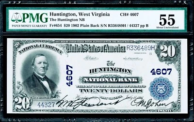 $20 1902 Plain Back Huntington, West Virginia Fr#654 PMG 55 About Uncirculated - Image 1 of 3