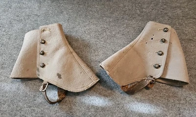 Antique Gray Wool Spats 4 Button Leather Strap Buckle Boot Shoe Covers - Image 1 of 4