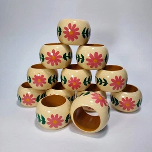 Pottery Barn Napkin Rings Set of 12 Floral Painted Wood - Picture 1 of 5