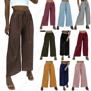LADIES WOMEN FLARED TROUSERS WIDE LEG CULOTTES PLEATED PALAZZO BOTTOMS NEW SIZE - Picture 1 of 31