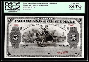 5 Pesos ND (1897-1920) "Specimen" Banco Americana de Guatemala PCGS Gem New 65PP - Picture 1 of 3