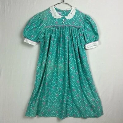 Vtg 80s Cary San Francisco Green Pink Girls Dress sz 6X peter pan cottage USA - Image 1 of 4