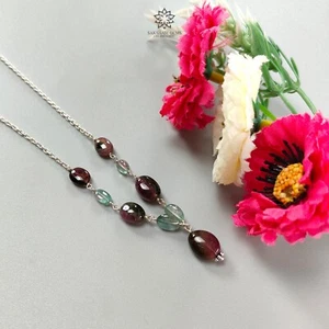38.00cts Natural Watermelon Tourmaline Gemstone Plain Silver Chain Necklace 21" - Picture 1 of 10