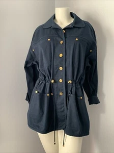 St John Sport Navy Blue Soft Denim Coat w Brass Buttons & Pockets Women's Sz S - Picture 1 of 10
