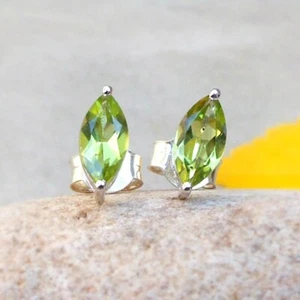 Faceted Green Peridot Marquise Gemstone 925 Sterling Silver Stud Earrings Gift - Picture 1 of 6