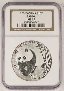 China 2001 D 1 Oz 999 Silver Panda 10 Yuan Coin NGC MS69 GEM BU+ - Picture 1 of 2