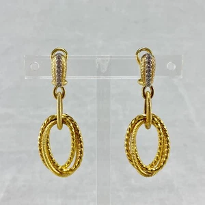 JUDITH RIPKA Gold Plated 925 oval rings blue CZ Dangle Clip On Earrings Italy - Picture 1 of 11