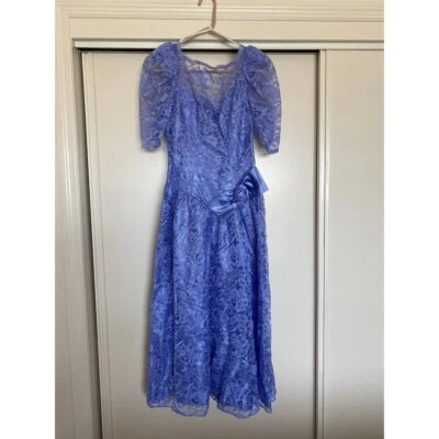 Vintage Alfred Angelo Womens Gown Dress Purple Lace Puff Sleeve Bow 7/8 New - Image 1 of 4