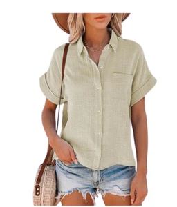 Shebote Women's Short Sleeve Cotton Button-Down Shirt V-Neck Blouse XL Tan Beige - Picture 1 of 4