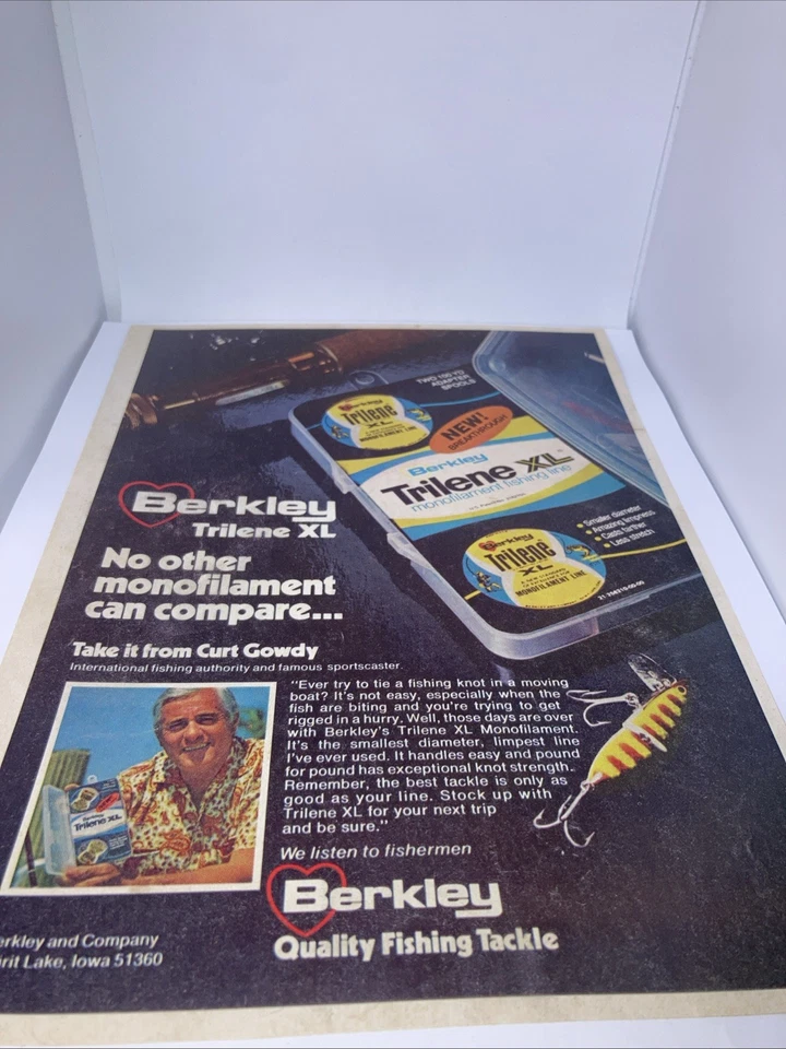 Aparejos de pesca Berkley anuncio impreso vintage línea de pesca Trilene XL 1973 8”X11” FF2 Foto 1 de 4