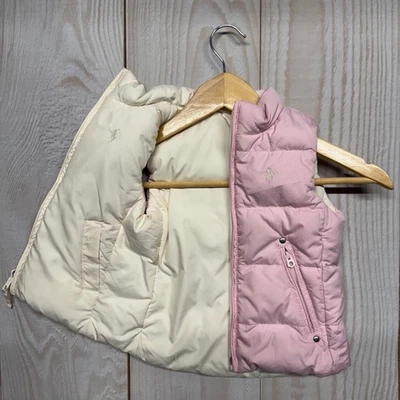 Ralph Lauren 女孩双面 Puffer 学步儿童 2/2T 鸭羽绒背心白色粉色 — 第 1/4 张图片
