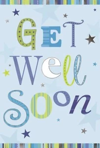 Get Well Soon Greetings Card - Blue and Green with Silver Foil 7.75x5.25" - Picture 1 of 2