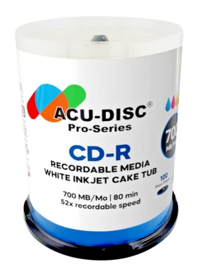 1200 ACU-DISC Pro-Series CD-R White Inkjet 52x 700MB/80mins Blank Discs Cake Tub - Image 1 of 4