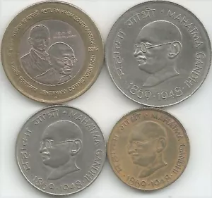 India SET of 4 Commemorative coins on Mahatma Gandhi - Rs 10, 1, Paise 50 & 20 - Picture 1 of 2