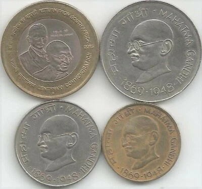 India SET of 4 Commemorative coins on Mahatma Gandhi - Rs 10, 1, Paise 50 & 20 - Image 1 of 2