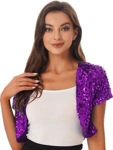 Mujeres Mangas Cortas Abrigo Recortado Brillante Bolero Encogimiento de hombros Cárdigan Chaquetas Retro - Imagen 1 de 42