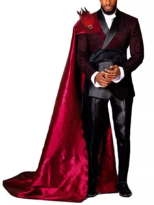 Men's Luxury Red Banquet Party Suit with Detachable Cape Formal Wedding Suits - Picture 1 of 13