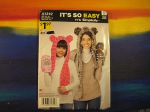 A1312 Adult's / Child's Winter Animal Hat Simplicity Sewing Pattern Sz S-L - Picture 1 of 3