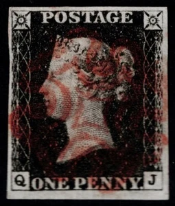 1840 1d schwarzer Teller 5 QJ 4m rotes Malteserkreuz große Ränder sehr guter Erhaltungszustand Kat. 375,00 £ - Bild 1 von 1