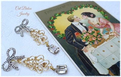 Romantik Schleife Vintage Straß Ohrringe Weihnachten Gold Silber CatBalouJewelry - Bild 1 von 4