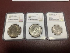 US PHILIPPINES 1936-M COMMONWEALTH COMMEM SET, 50c, PESO & PESO, ALL NGC MS 65 - Picture 1 of 8