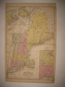 ANTIQUE 1852 MAINE VERMONT MASSACHUSETS CONNECTICUT HANDCLR MAP BOSTON NEW HAVEN - Picture 1 of 1