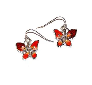EARRINGS Pierced Wires ST & Bright Enamel Butterflies ORANGE BUTTERFLIES - Picture 1 of 1