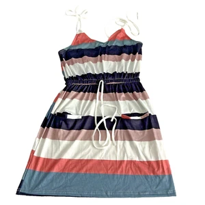 Women's Short Spaghetti Strap Summer Dress V-Neck Striped Mini Dress Pockets L - Picture 1 of 8