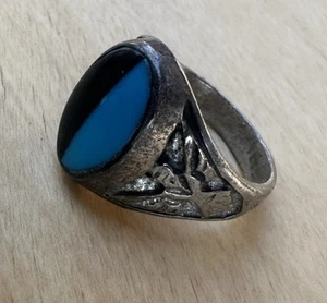 Men’s Vintage Native American Thunderbird Turquoise/ Onyx 925 Ring Size 10.5 - Picture 1 of 12