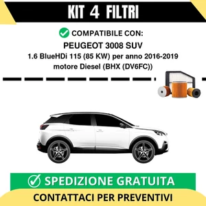 Kit 4 Filtri Tagliando per PEUGEOT 3008 SUV 1.6 BlueHDi 115 85 kw Diesel 2016... - Imagen 1 de 2